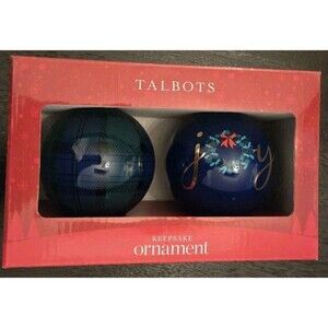 Talbots Joyful Ornament Set of 2,  "Joy" & dark blue & green tartan pattern